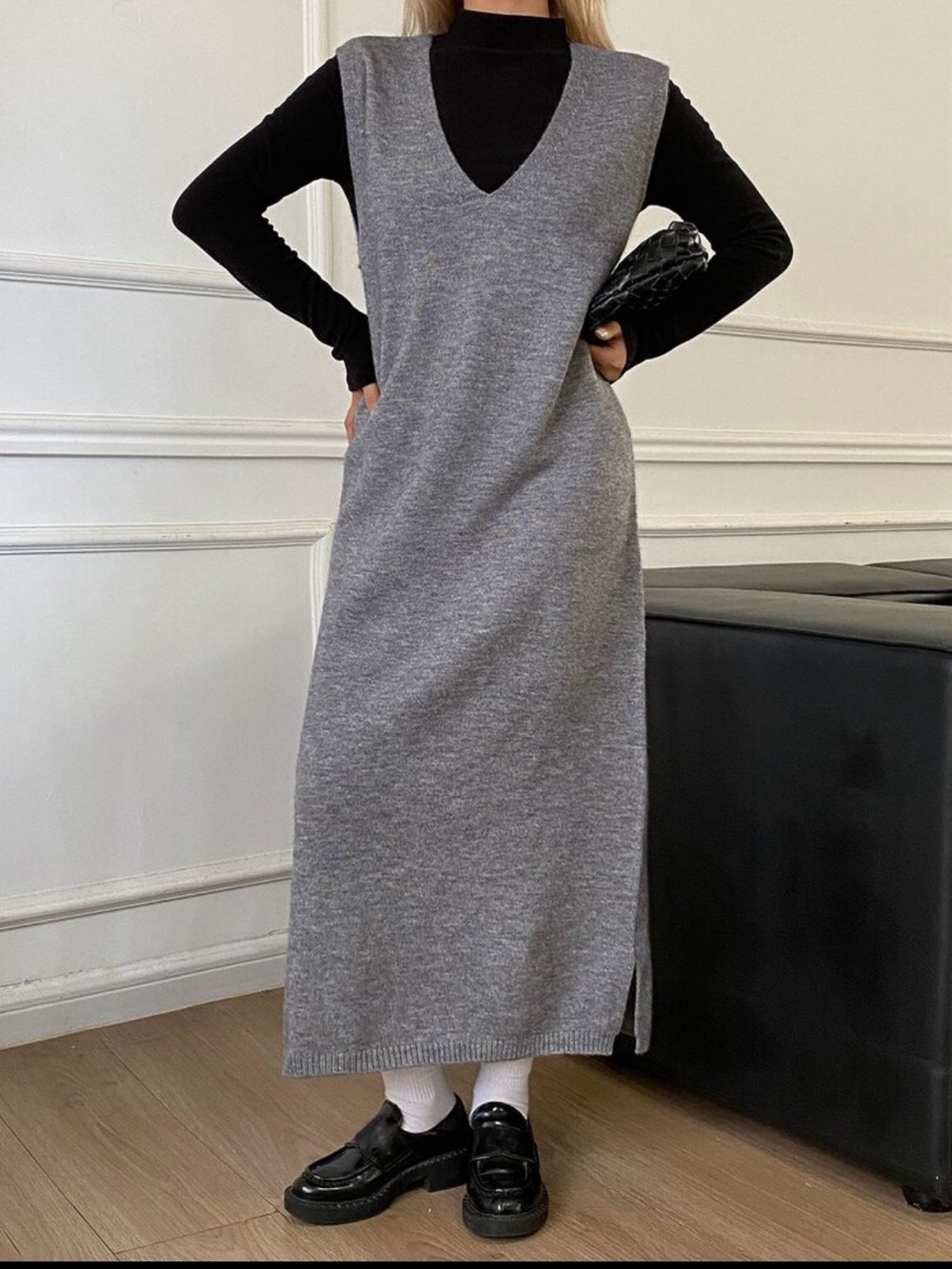 SHEIN Gray Sleeveless V‑Neck Knit Maxi Dress